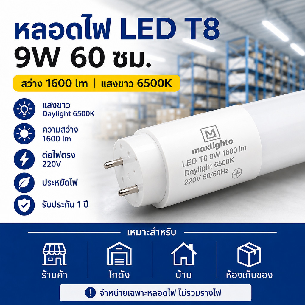 สว่างจัดเต็ม รางไฟพร้อมหลอด LED T8 9W 60ซม. 1600lm แสงขาว 6500K ต่อไฟตรง 220V หลอดนีออน LED พร้อมติดตั้ง รับประกัน 1 ปี