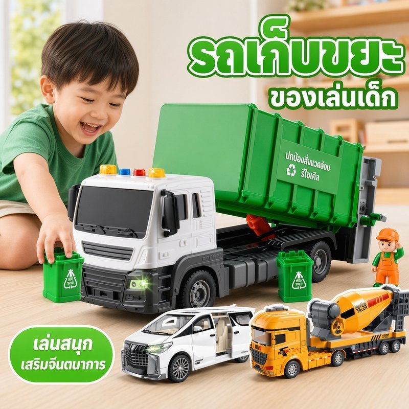 รถเก็บขยะของเล่นเด็ก มีเสียงมีเพลง มีไฟสว่าง ยกเทเปิดท้ายได้ แข็งแรงทนทาน เสริมทักษะพัฒนาการ