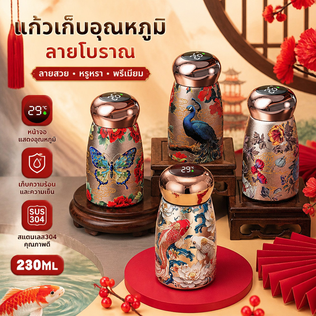 กระติกน้ำเก็บอุณหภูมิ ระบบควบคุมโบราณลายคาร์ปด้านนอกสแตนเลส 316 เก็บความร้อนพร้อมระบบควบคุมอุณหภูมิ