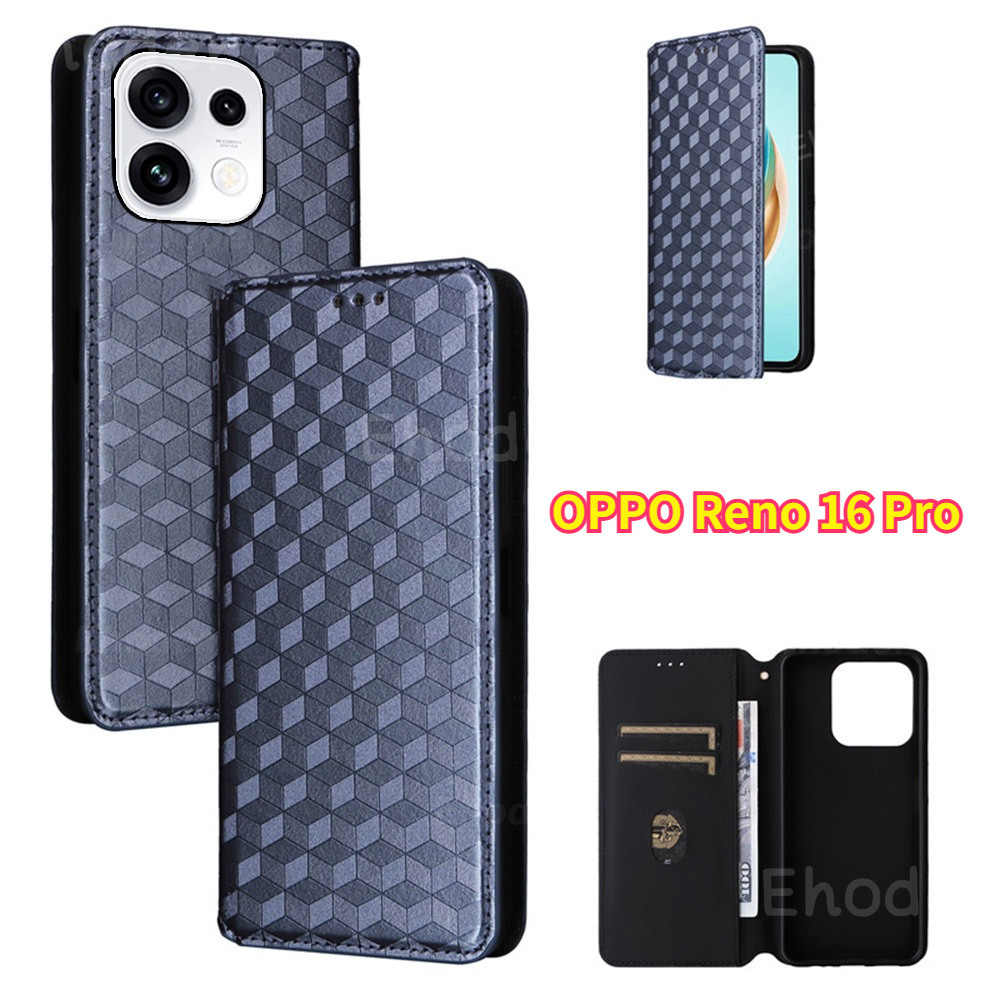 สําหรับ OPPO Reno 16 Pro 16F 4G 5G 2026 เคสโทรศัพท์พลิกหรูหราปลอกหนังสําหรับ Reno16Pro 16Pro Reno16F Reno16 TPU ขอบกันกระแทกกันชนตารางรูปแบบฝาครอบ