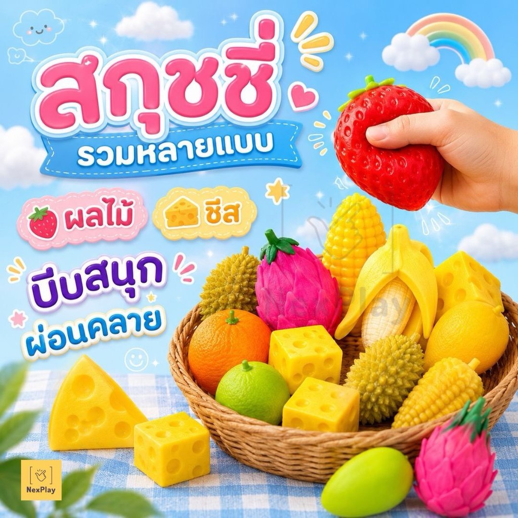 สกุชชี่ผลไม้  squishy ของเล่นบีบผลไม้ ยืดหยุ่น นุ่มนิ่ม บีบคลายเครียด ของเล่นเด็กเเละผู้ใหญ่ ส่งในไทย
