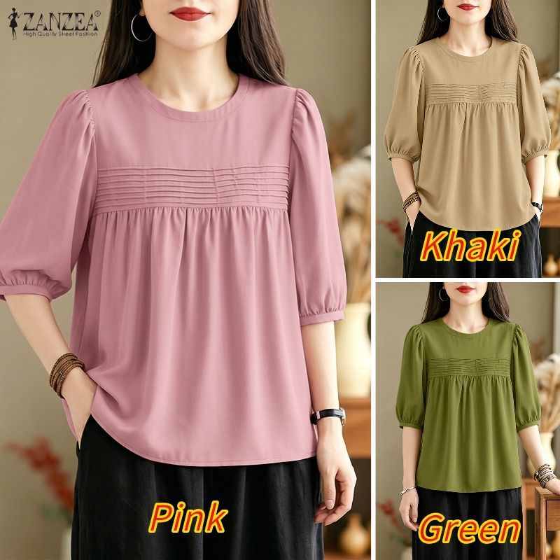 ZANZEA ผู้หญิงเกาหลีอ่อนโยนลูกเรือคอโคมไฟแขน Pleats Splicing สีทึบ A-Line เสื้อ — صورة 3