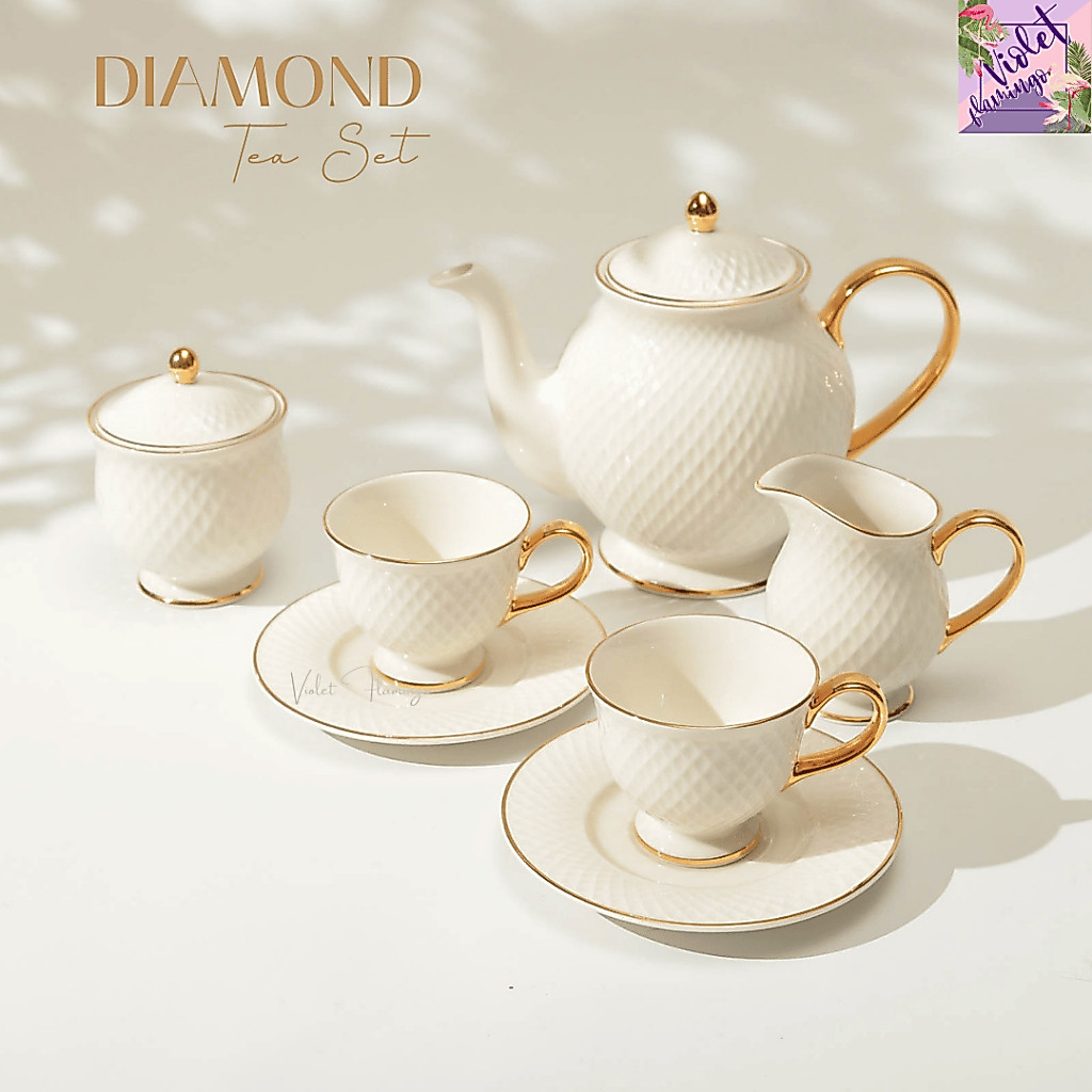 Violet Flamingo ชุดน้ำชาสุดหรู รุ่น Diamond Tea Set ชุดน้ำชาลายเพชรสีขาว Ivory (สีขาวงาช้าง) ขอบทอง งานเกรดพรีเมี่ยม