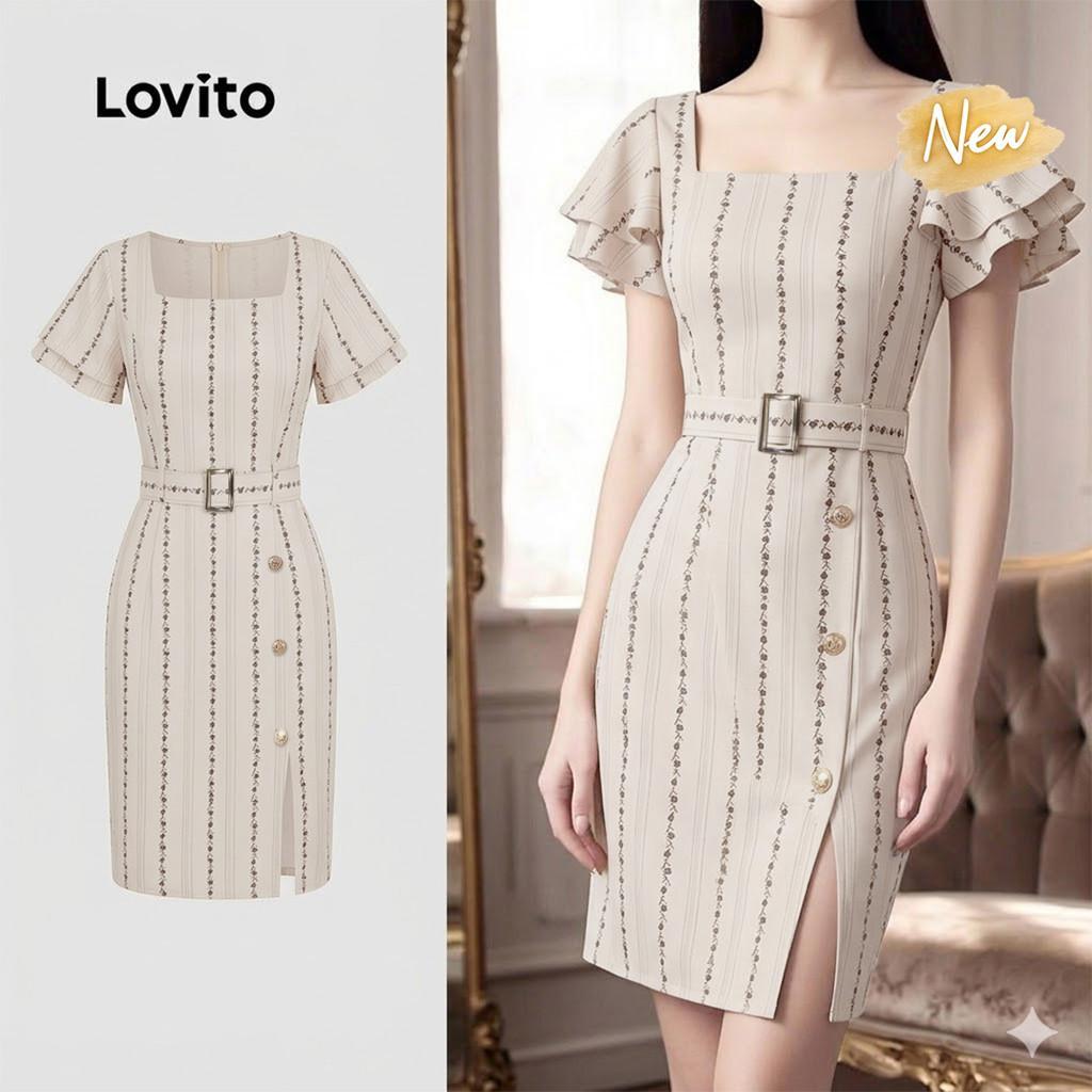 (New Arrival) Lovito ชุดเดรสผู้หญิงฤดูร้อน ลําลอง มีระบายพร้อมเข็มขัด ผ่าหน้า L195ED1003