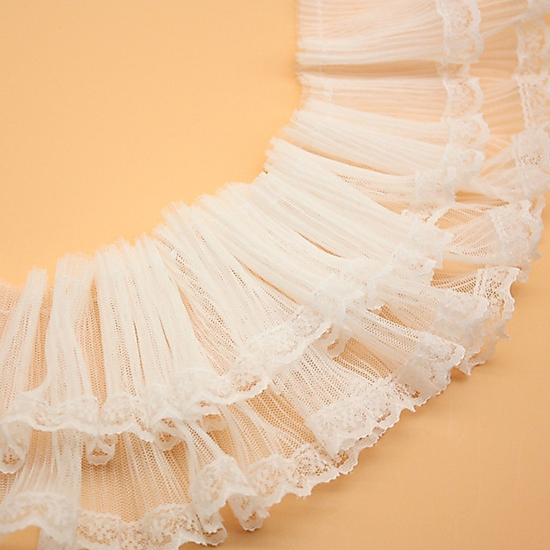 กว้าง 9 ซม. Double-Layer จีบผ้ากอซลูกไม้ DIY เสื้อผ้าอุปกรณ์ตกแต่งจีบลูกไม้เชื้อรากระโปรงผ้า