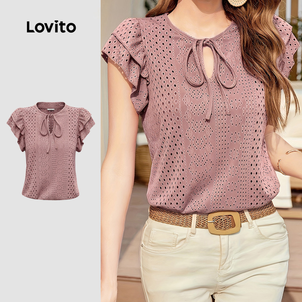 Lovito เสื้อเบลาส์ลําลอง คอผูกหน้าสองชั้น มีช่องโปร่ง สีเทา/ชมพู สําหรับผู้หญิง LK5EDD456