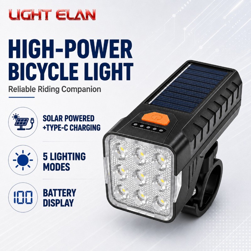 ไฟปั่นจักรยานกลางแจ้ง LED สว่างเป็นพิเศษพร้อมการชาร์จพลังงานแสงอาทิตย์ 5 โหมด USB ชาร์จโคมไฟปั่นจักรยานพร้อมจอแสดงผลแบตเตอรี่