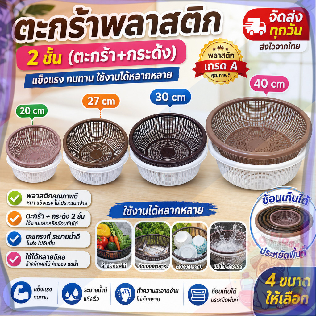 ตะกร้ากลมพลาสติก ตะกร้าผลไม้ ตะกร้าขนมจีน ตะกร้าล้างผัก สีโมเดิร์น ขนาด 20 27 30 40 ซม. แข็งแรง ทนทาน