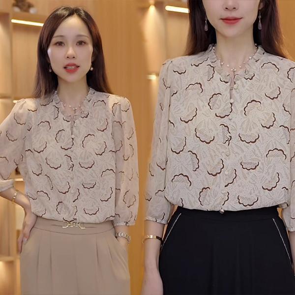 เสื้อเชิ้ตพิมพ์ลายสไตล์เรโทร ดีไซน์ระบาย สไตล์ใหม่ฤดูร้อน เสื้อที่ลดอายุและทำให้ดูผอมเพรียว วัสดุทันสมัยและสง่างาม#99395