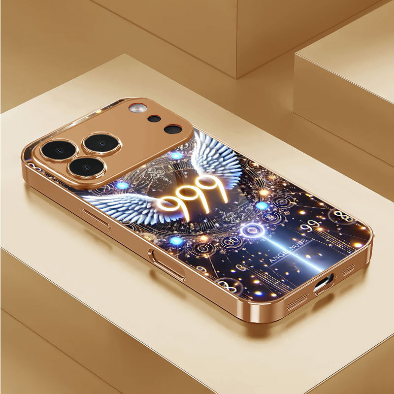 999ตัวเลขนางฟ้าเหมาะสําหรับiPhone 17 เคสกระจกสีทองชุบ14/15Plus/16Promaxเคสป้องกัน