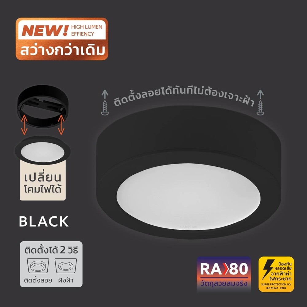GlobalHouse LAMPTAN โคมดาวน์ไลท์ LED แบบติดลอยหน้ากลม 18W รุ่นทวิสท์แอนด์โก สีดำ สินค้าของแท้คุณภาพดี