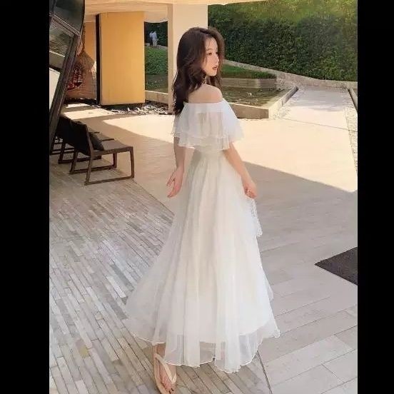 ชุดชายหาดชีฟอง ชุดยาวไหล่เดียวสีขาว พร้อมแนะนำวิธีสวมใส่