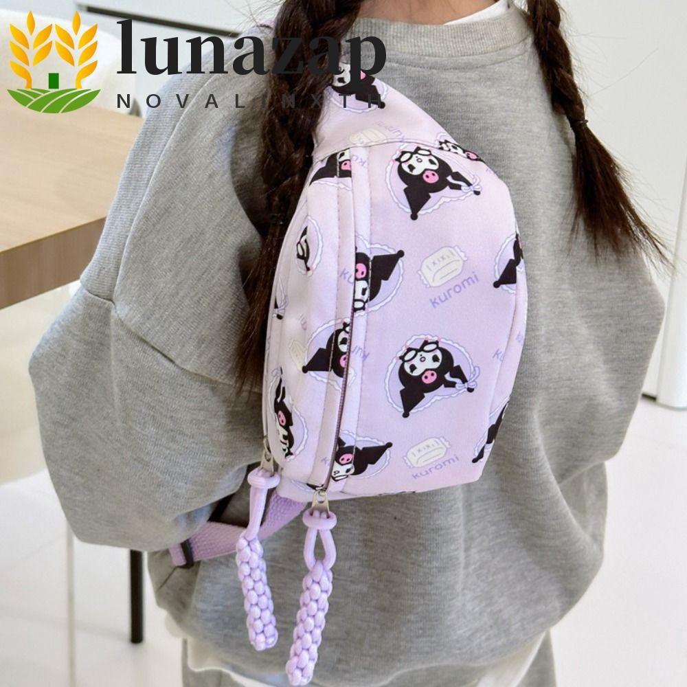 Lunazap Kuromi Melody กระเป๋าคาดหน้าอก, Cinnamoroll Kitty Cat เด็กกระเป๋าสะพายข้าง, น่ารัก Pochacoo Stripe Dumpling Shape การ์ตูนอะนิเมะกระเป๋าสะพายกลางแจ้ง