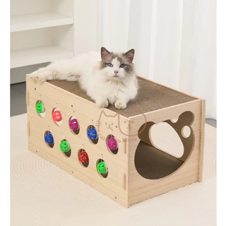 Cathouse กล่องลับเล็บ(หูแมว)(52x30x34cm) กล่องลับเล็บ+กระดิ่ง(59x32x29cm) บ้านแมวไม้ 2 ชั้นพร้อมที่ลับเล็บและของเล่นบอล