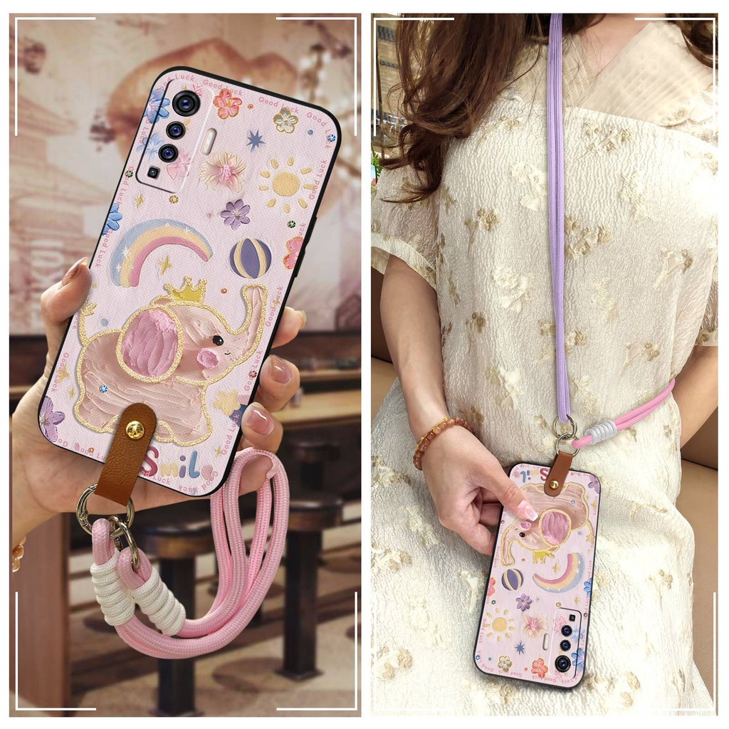 การกระจายความร้อนคู่VIVO X50เคสโทรศัพท์เปลือกนุ่มหญิงป้องกันฝุ่นสองสีแบบพกพาแขวนคอสร้างสรรค์เนื้อแนว