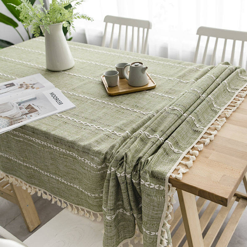 【Ready Stock】 INS Girl Heart Cotton and Linen Fabrics Tablecloth Fresh Square Tassel Tablecloth Long