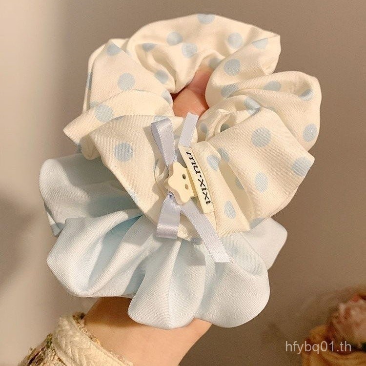 สไตล์เกาหลีสีฟ้าลายจุด Scrunchy ผม Tie หญิง High-End สไตล์ขี้เกียจ Tie ผมต่ําหางม้าอุปกรณ์เสริมผม Si