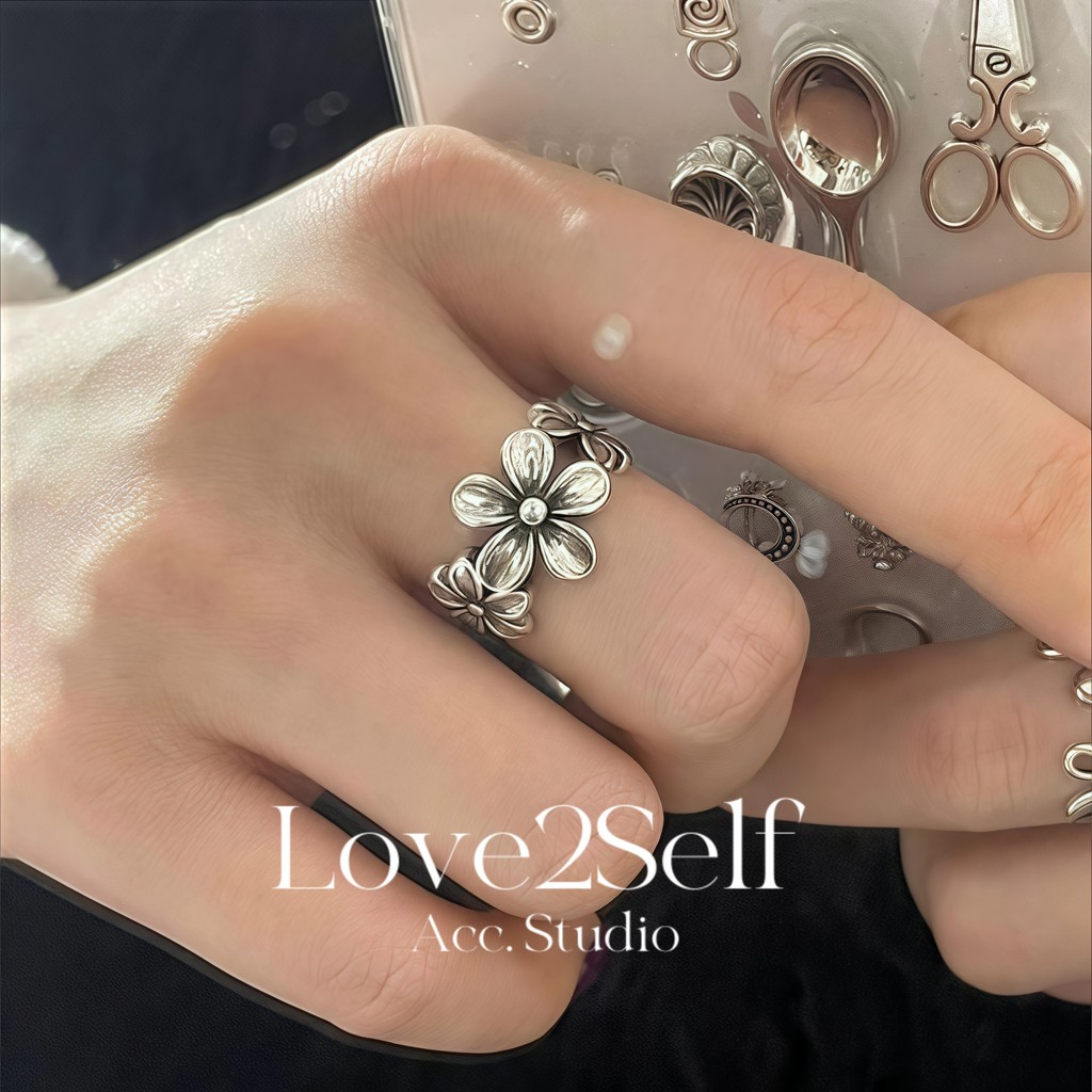Love2Self J144 Retro สไตล์ผู้หญิงแหวน Cool ดอกไม้แหวนปรับสําหรับผู้หญิงสวมใส่ทุกวัน Hip Hop อุปกรณ์เสริม