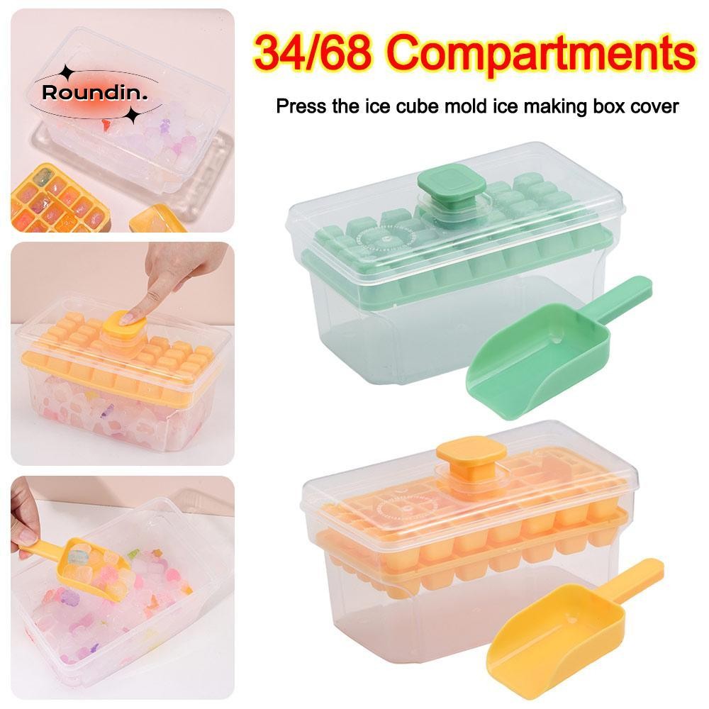 ROUNDIN กล่องน้ําแข็งบ้าน,พร้อมฝาปิดเครื่องมือน้ําแข็ง ICE Cube Mould, 34/68 ช่องกดประเภท ICE ช่องกล่องของขวัญ