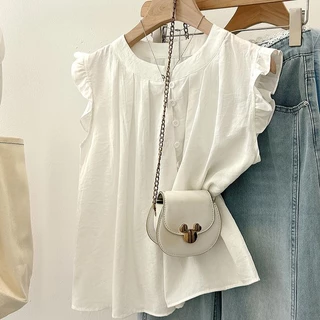 🌻Grace🌻 เสื้อแฟชั่นผู้หญิงไม่ต้องรีด เสื้อเชิ้ตคอกลมแขนกุด สีพื้น ตกแต่งกระดุม เสื้อครอปน่ารักๆสไตล์คุณหนู W641