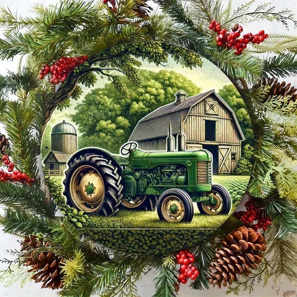 2D Rustic Farmhouse รถแทรกเตอร์ป้ายโลหะ,รอบเหล็ก Tinplate พวงหรีด Art สําหรับ Wall, Home Porch Office Entryway Decor