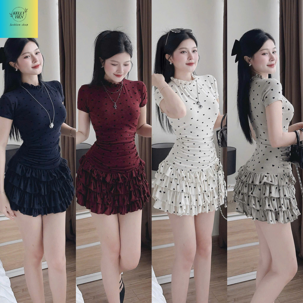 ชุดเดรสผู้หญิงออกแบบคุณภาพ การควบคุมคุณภาพ 4 สีให้แบนหุ่นใส่ไปเที่ยว คอสูง เดรสแขนสั้นทรงบานหัวใจสีดํา มากมาย
