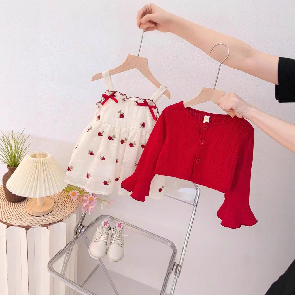 ชุดสลิงถักลายดอกไม้สีแดง แฟชันใหม่สำหรับฤดูใบไม้ผลิและฤดูร้อน