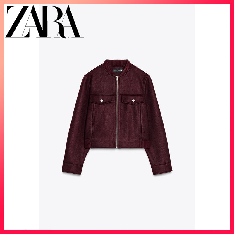 ZARA แจ็คเก็ตสั้นผู้หญิง แขนยาวคอกลม ดีไซน์ใหม่ ฤดูหนาว นุ่มสบาย