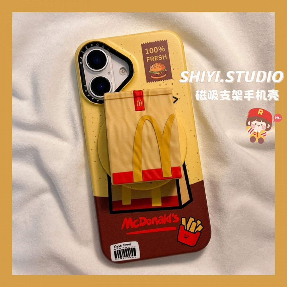 การ์ตูน McDonaldS กระดาษคราฟท์กระเป๋าขาตั้งแม่เหล็กผู้ถือกรณี iPhone สําหรับ iPhone 17 Pro Max 17 Pro 17 16 Pro Max 16 15 14 13 Anti Drop เลนส์ป้องกัน Hard PC ฝาหลัง