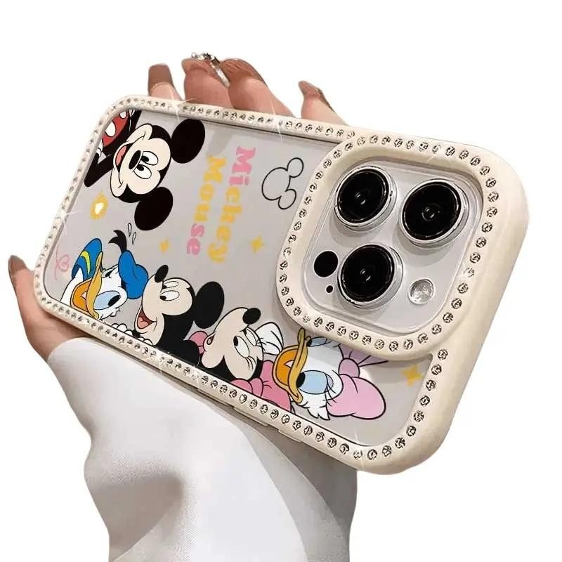 เคสโทรศัพท์ Apple 11 12 13 14 15 Pro Max Plus ลายมิกกี้เมาส์ ประดับเพชร ป้องกันการตก น่ารักสไตล์การ์ตูน สำหรับผู้ชายและผู้หญิง เคสแบบนิ่มเต็มขอบ ทันสมัย