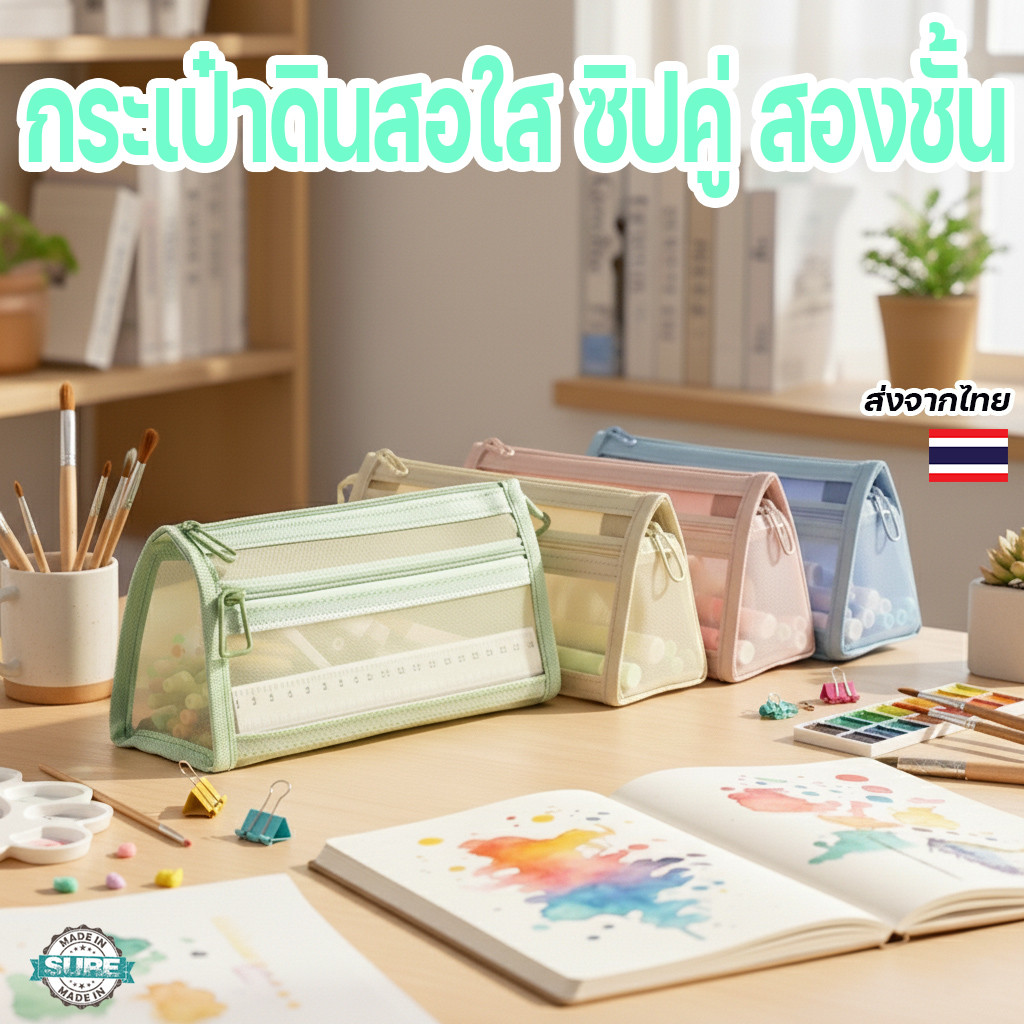 กระเป๋าดินสอใส สองชั้น มีตาข่ายซิปแยกใส่ปากกา อุปกรณ์เรียน สีพาสเทล สไตล์มินิมอล