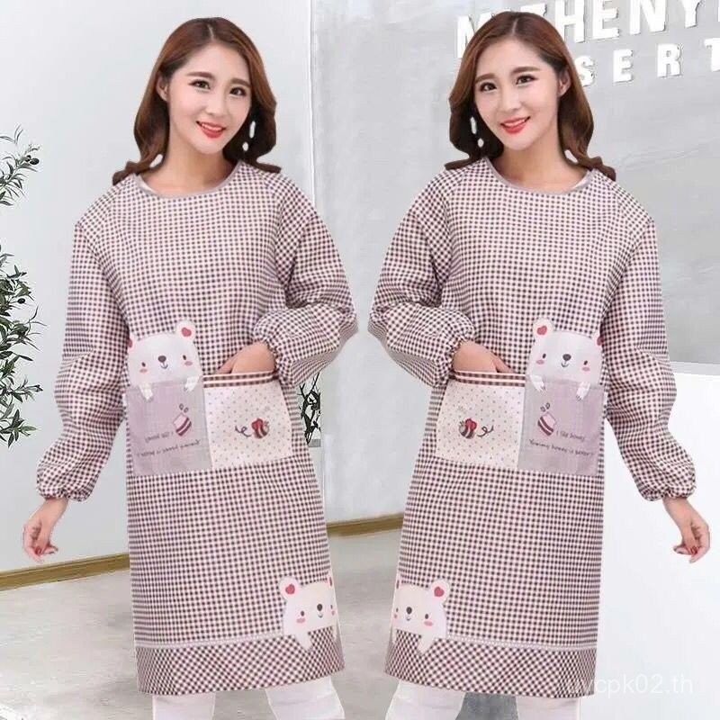 ราคาต่ําแขนยาวหลวมผู้หญิง ชุดทํางาน สวมใส่ด้านนอกผ้ากันเปื้อนแขนทํางานผ้ากันเปื้อนสตรีล้อมรอบอย่างเต