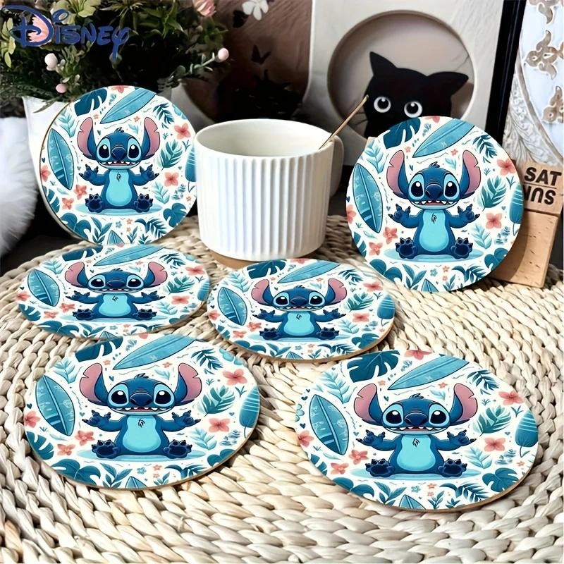 6 ชิ้น Disney Bohemian-style Stitch ไม้ Coasters สําหรับ Home Kitchen โต๊ะทํางาน Decor Perfect สําหรับของขวัญในงานปาร์ตี้วันหยุดของขวัญ
