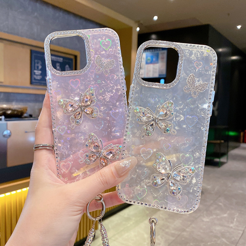 IMD รูปแบบเลเซอร์เคสโทรศัพท์สําหรับ iPhone 17 15 16 14 13 11 12 Pro Max แฟชั่นน่ารักโบว์เพชรฝาครอบป้องกัน