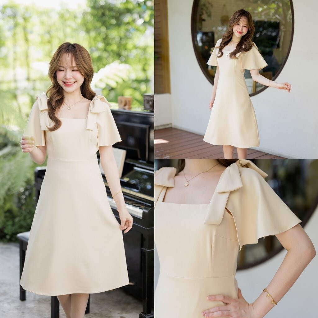 Bellette Bow Shoulder Dress : สีครีม