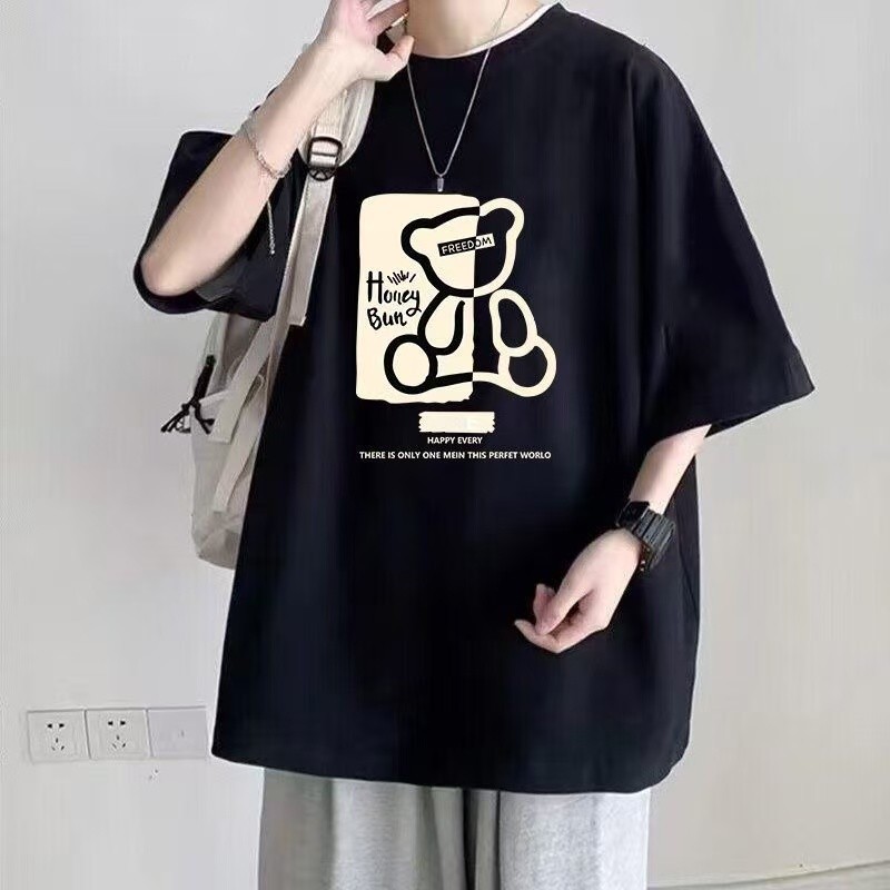 (ผ้าฝ้าย 100%)Luvoro oversize unisex เนื้อผ้านุ่มระบายแขนสั้น  T-shirt สีดำและสีขาว เสื้อยืดทูโทน เสื้อยืดแขนสั้น C1652