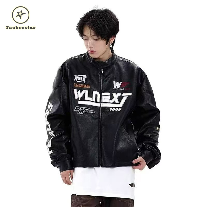 Taoberstar Vintage Racing เสื้อแจ็คเก็ตหนังผู้ชาย Streetwear ปัก Biker Coat แฟชั่นอินเทรนด์ยืนปก Outerwear