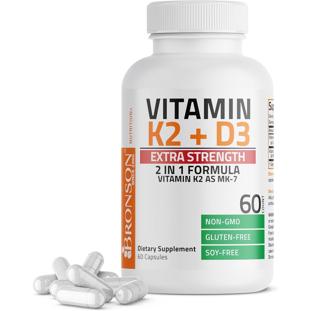Bronson Vitamin K2 (MK7) พร้อม D3 ความเป็น สุขภาพกระดูก สูตรปลอดจีเอ็มโอ 10,000 IU & 120 mcg MK-7 กล