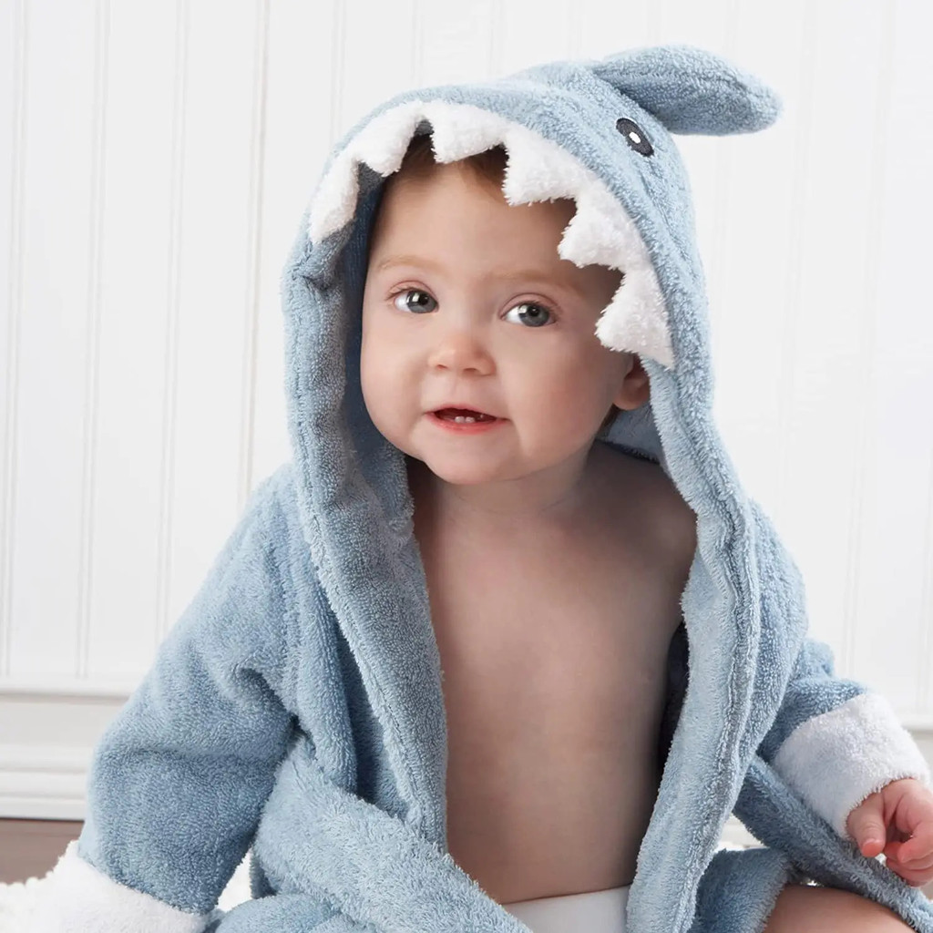 Ultra-Soft Baby Shark Hooded Towel Robe สัตว์การสร้างแบบจําลองผ้าฝ้ายการ์ตูนเสื้อคลุมอาบน้ําสําหรับเ