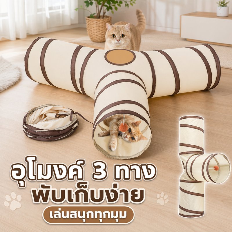 อุโมงค์แมว ของเล่นแมว อุโมงค์พับได้ 3ทาง มีบอล มีปอม ซ่อนเล่น คลายเบื่อ แมวเลี้ยง สัตว์เลี้ยง