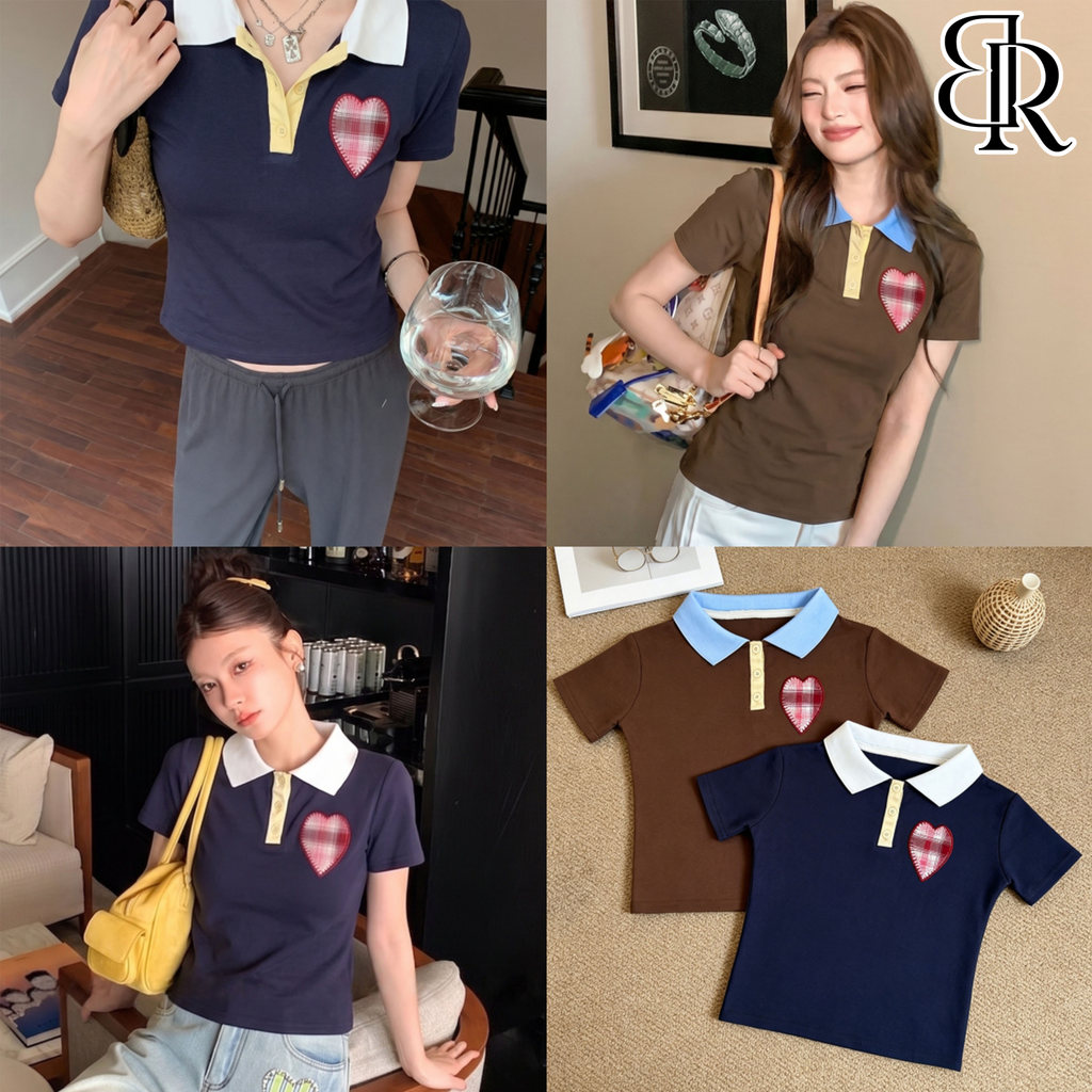 B&R พร้อมส่ง เสื้อยืดแขนสั้นคอปกสีตัดกัน ทรงเข้ารูปดูผอม ปักลายหัวใจ ด้านหน้าติดกระดุม สไตล์วินเทจทันสมัย