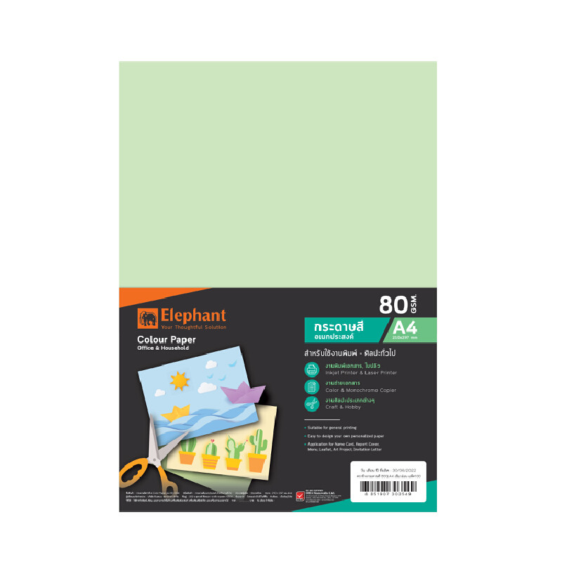 ELEPHANT กระดาษการ์ดสี สีเขียว A4 80 แกรม 100 แผ่น/แพ็ค