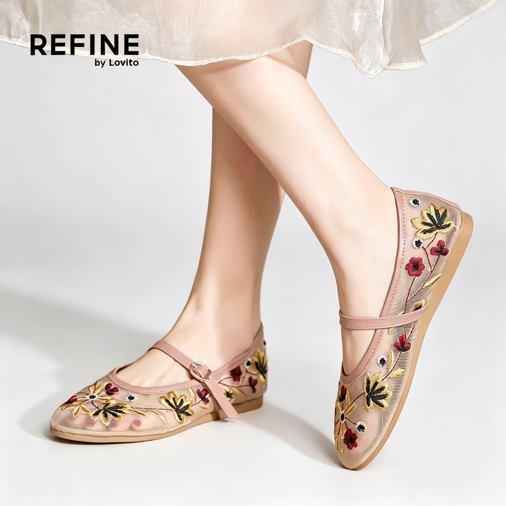 (Refine by Lovito)  Mary Janes ลําลอง ปักลายลูกไม้ สวมใส่สบาย สไตล์แอปริคอท สวยงามสําหรับผู้หญิง LR37E018