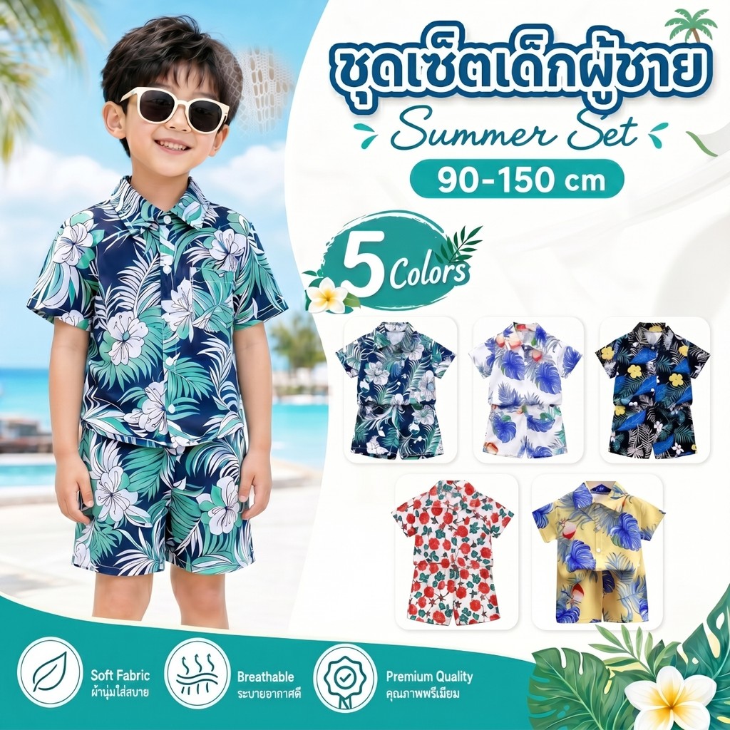ชุดสงกรานต์เด็กผู้ชาย ชุดเสื้อฮาวาย ชุดเสื้อเชิ้ตเด็ก เสื้อ +กางเกง ลายสวย ผ้านิ่ม ใส่เที่ยวสวยมากๆ ไซส์80-150 💕ST60361💕