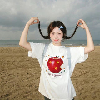【ส่งจากไทย】🍎💫เสื้อยืดคอกลม แขนสั้น โอเวอร์ไซส์ พิมพ์ลายแอปเปิ้ล สวมใส่สบาย COD