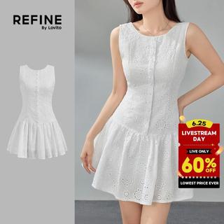 (Refine by Lovito) Women Casual Dress Embroidered Cotton Fabric Plain Eyelet Embroidery Dress LR2ED078