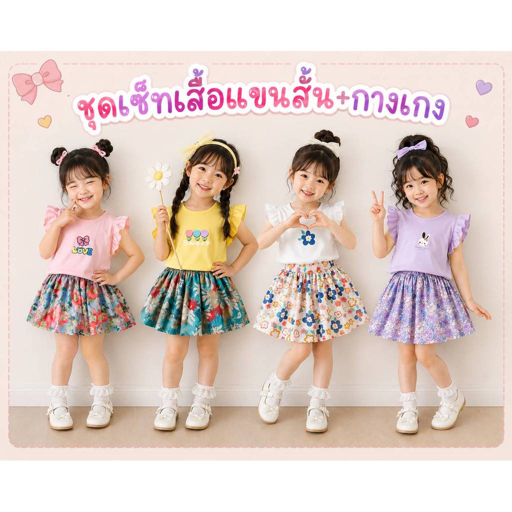 มาใหม่ 🎊ชุดเซ็ทเด็กน่ารัก เสื้อแขนสั้น กางเกงขาสั้น สีหวานสดใส🎊