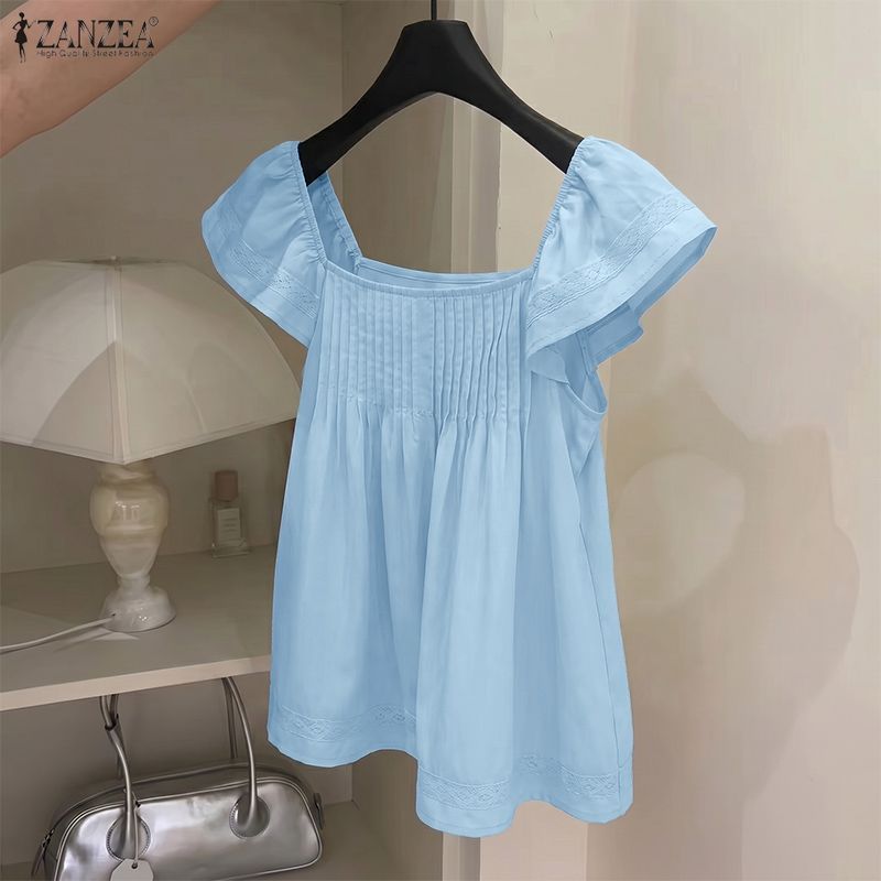 ZANZEA เสื้อสตรีสไตล์เกาหลีทุกวันสีทึบทอ A-Line Ruffles คอเหลี่ยมถัง — صورة 6