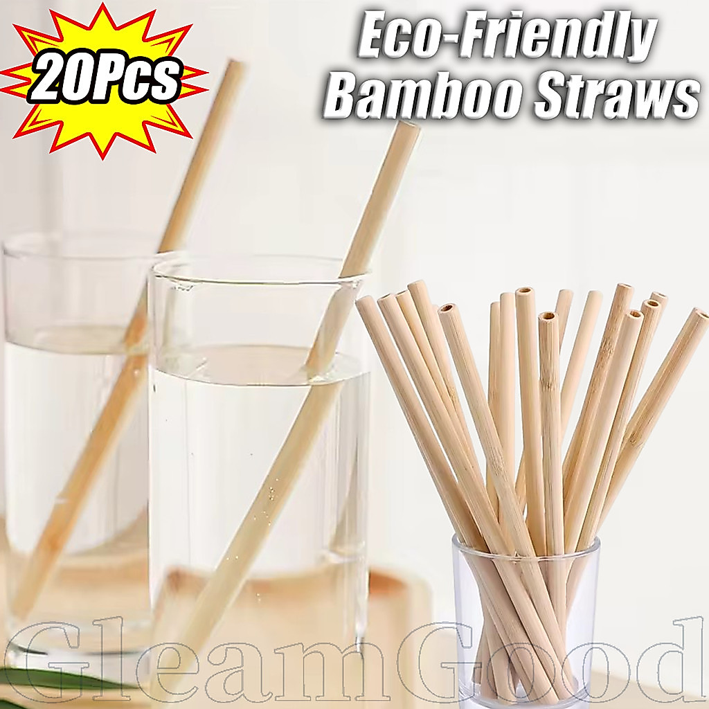 หลอดไม้ไผ่หนา 20 ชิ้นพร้อมเคล็ดลับคู่ (ตรง/แบน), ปราศจากสารเคมีและล้างทําความสะอาดได้, ทางเลือกที่ยั่งยืนต่อหลอดพลาสติก