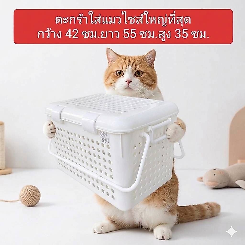 ตะกร้าใส่แมวไซส์ใหญ่ที่สุด XXL ขนาด 42x55x35 ซม (วัดภายนอกรวมฝาและด้ามจับ)พลาสติกหนาแข็งแรง